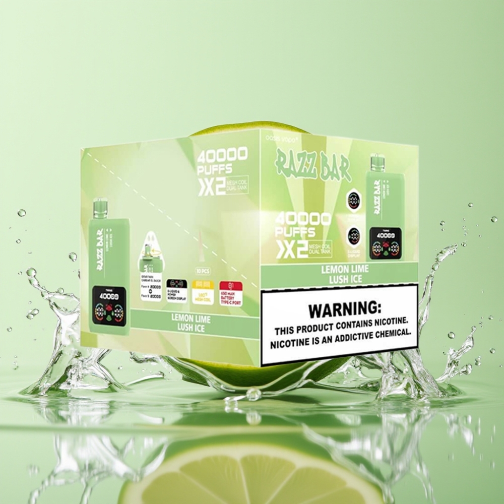 Razz Bar 40000 Puffs Tela de Energia Bobina Dupla 1.0Ω Sabor Limão Lima e Gelo Refrescante