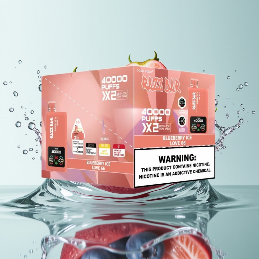 Razz Bar 40000 Puffs Tela de Potência 1.0Ω×2 Bateria 650 Mah Tipo-C Mirtilo Gelo & Amor 66