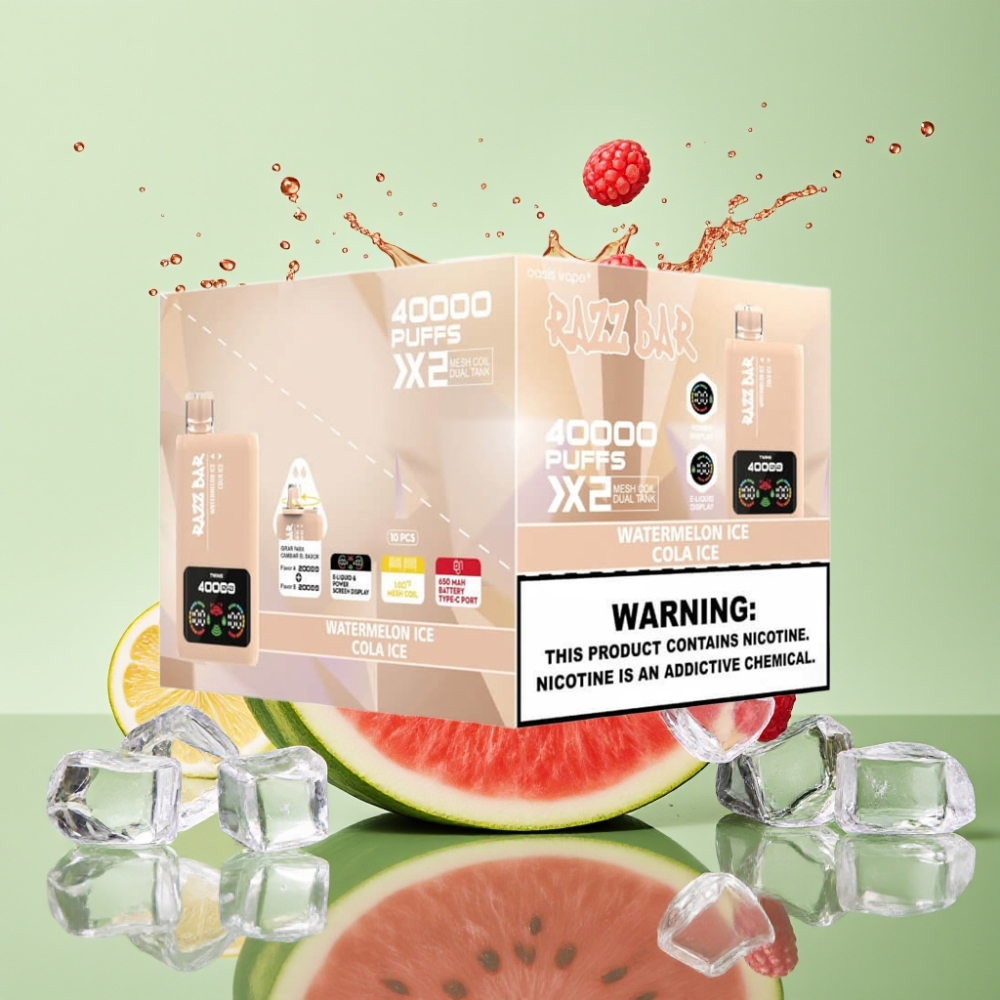 Razz Bar 40000 Puffs Tela de Potência 1.0Ω×2 Bobina Malha 650 mAh USB-C 2%5% Nicotina SABOR MELANCIA GELADA & COLA GELADA