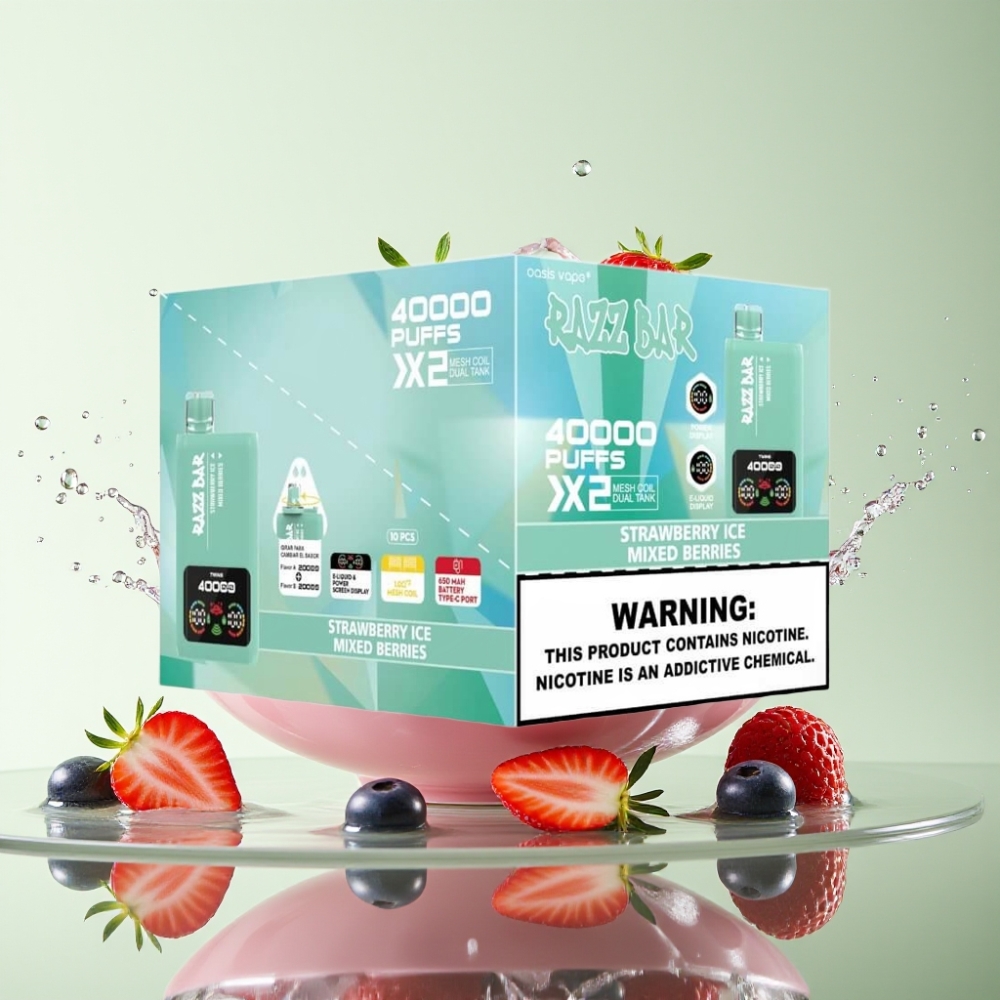 Razz Bar 40000 Puffs Tela de Potência 1.0Ω×2 Bobina Malha Morango Gelo & Frutas Vermelhas