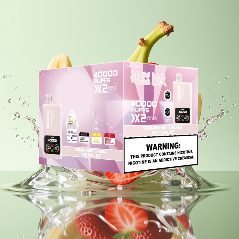 Razz Bar 40000 Puffs Tela de Potência Bobina Dupla 1.0Ω Morango Banana & Red Bull Ice