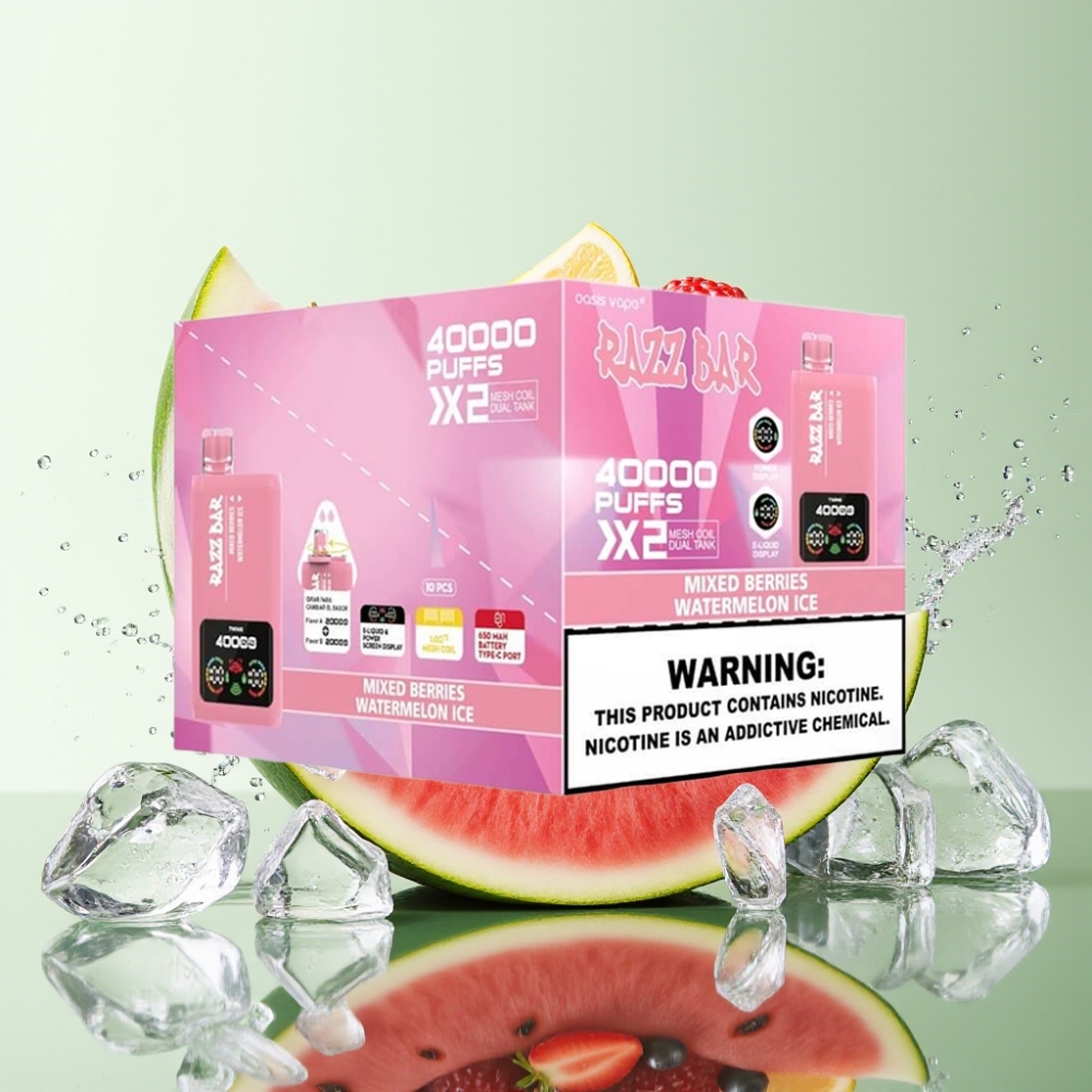 Razz Bar 40000 Puffs Tela de Potência Bobina Dupla 1.0Ω Sabor Frutas Vermelhas & Melancia Gelada