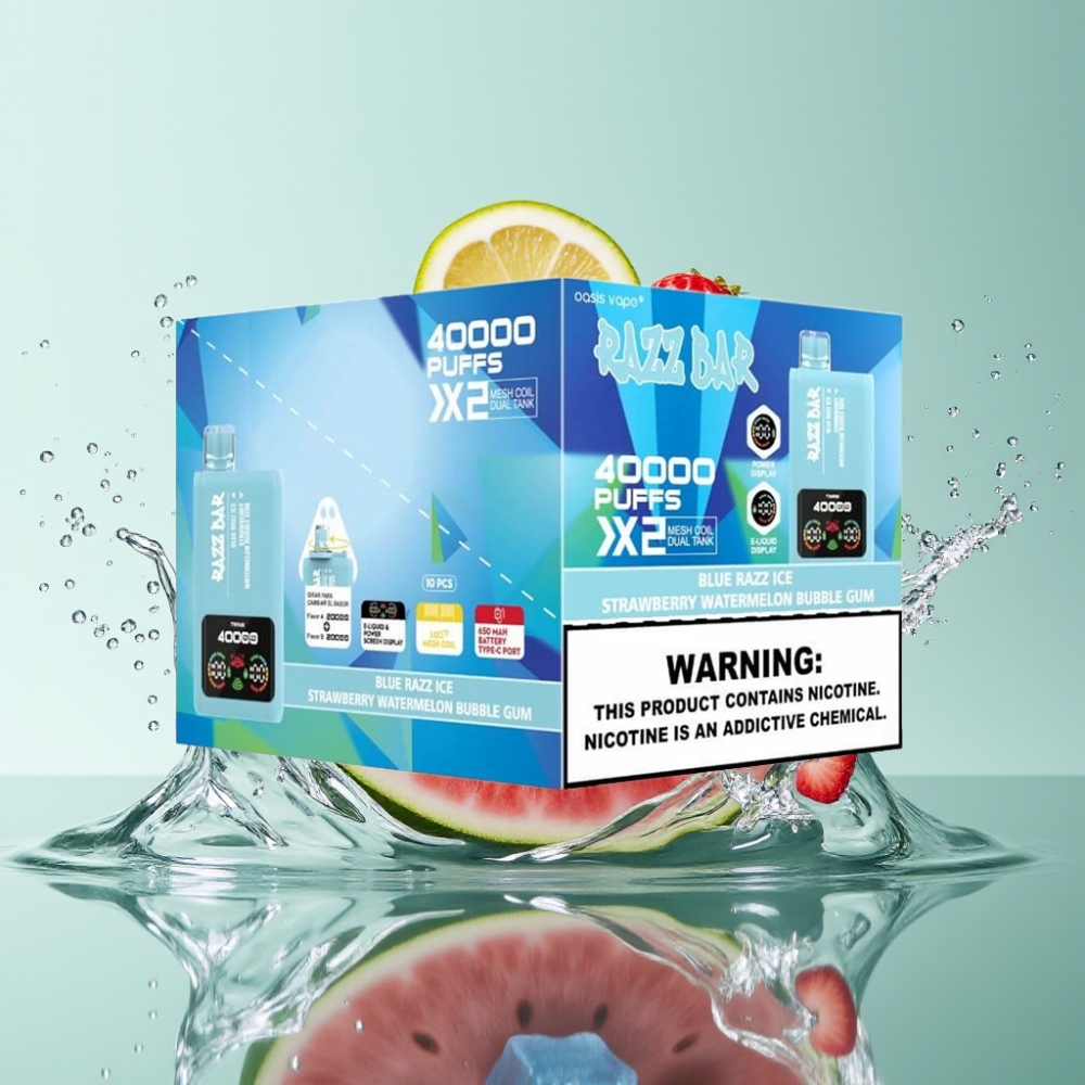 Razz Bar 40000 Puffs Tela de Potência Bobina Dupla 1.0Ω Sabor GELADO DE FRAMBOESA AZUL-MELANCIA MORANGO CHICLETE