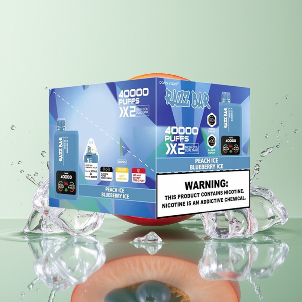 Razz Bar 40000 Puffs Tela de Potência Bobina Dupla 1.0Ω Sabor Pêssego Gelado & Mirtilo Gelado