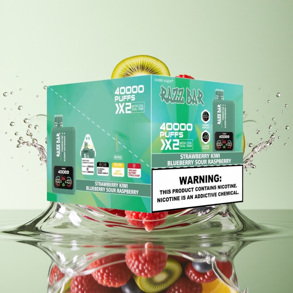 Razz Bar 40000 Puffs Tela de Potência Dupla Bobina 1.0Ω Morango Kiwi & Mirtilo Framboesa Azeda
