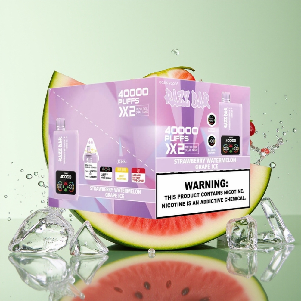 Razz Bar 40000 Puffs Tela de Potência Dupla Bobina 1.0Ω Morango Melancia & Uva Gelo