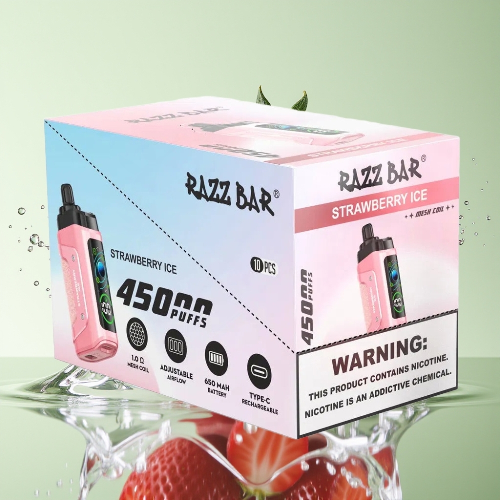 Razz Bar 45000 Puffs Bobina Mesh 1.0 Ohm Bateria 650 Mah Recarregável Type-C Sabor Morango Gelo