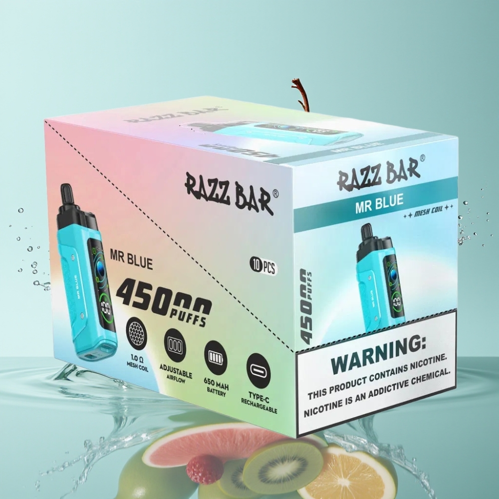 Razz Bar 45000 Puffs Bobina Mesh 1.0 Ohm Fluxo de Ar Ajustável Mr Azul