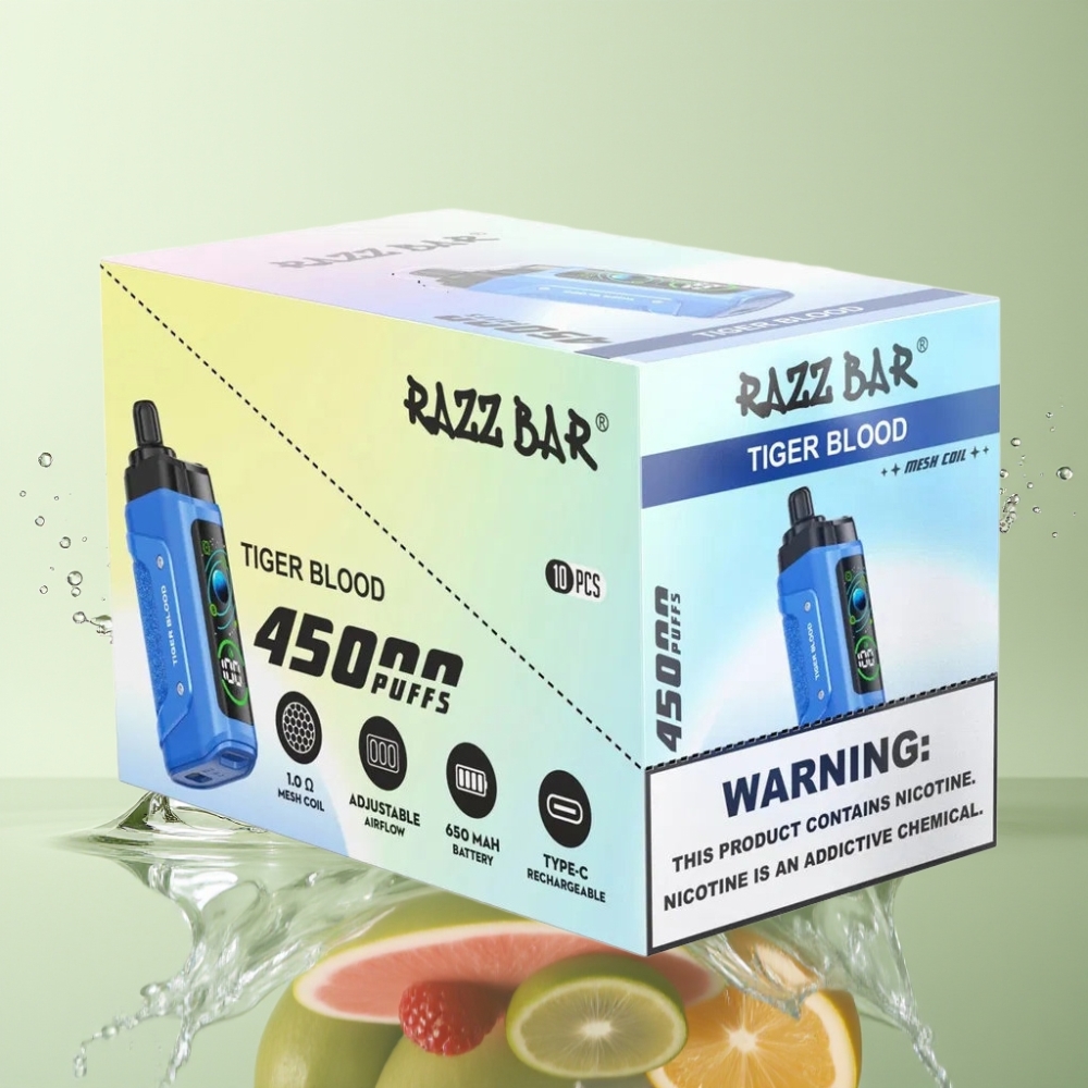 Razz Bar 45000 Puffs Tigre Sangue Bobina Mesh 1.0 Ohm Fluxo de Ar Ajustável 650 mAh Recarregável Type-C 20 mg/ml