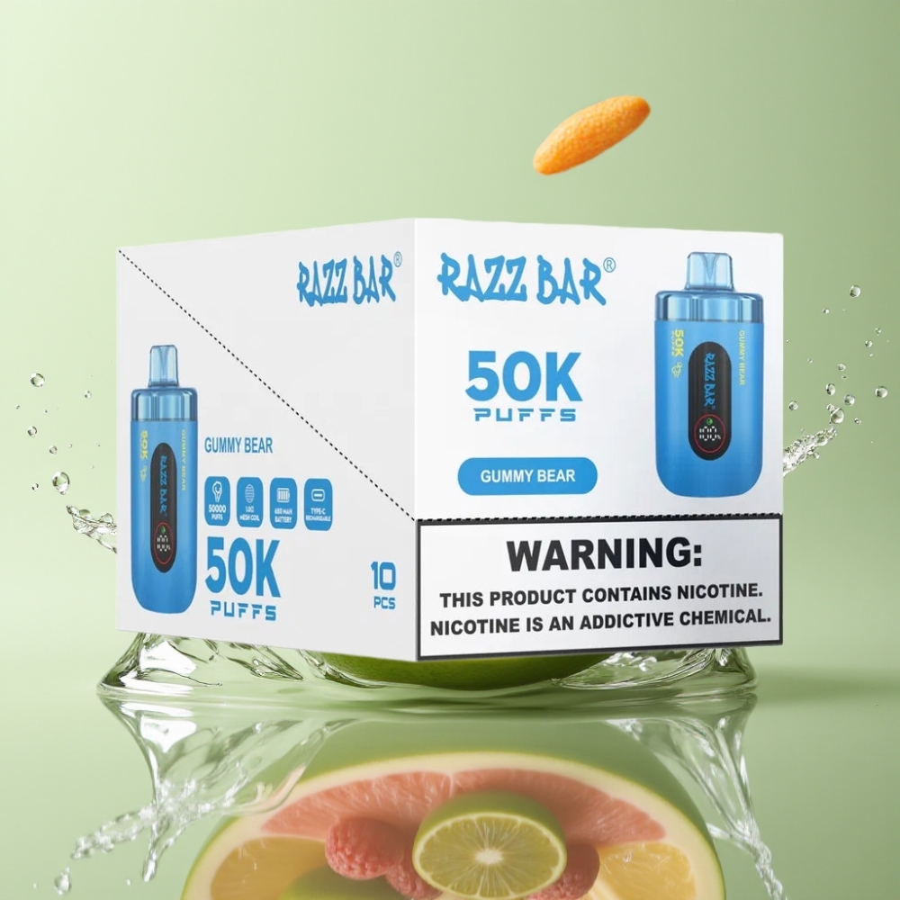 Razz Bar 50K Puffs 1.0 Ohm Mesh 650mAh Type-C 2% Nic Gummy Bear Ursinho de Goma